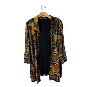 Vikki Vi Plus 2X Brown Multi Patchwork Open-front Collared Jacket